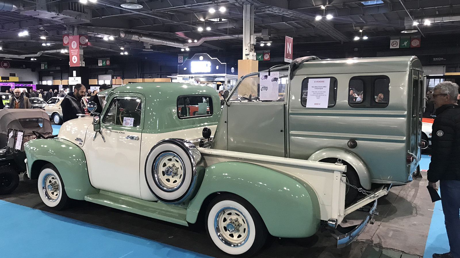 GMC pickup and 1970 New Map Solyto Mk2 Campingcar, Rétromobile